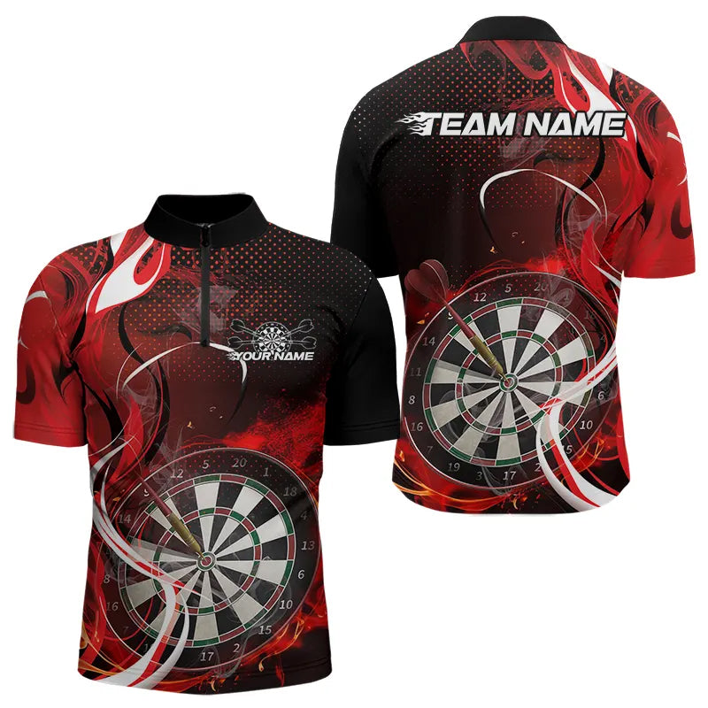 Custom Black And Red Flame Dart Team Quarter-Zip, Dart Tournament