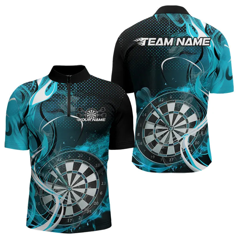 Custom Black And Blue Flame Dart Team Quarter-Zip, Dart Tournament