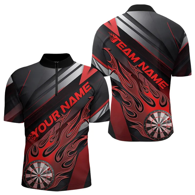 Custom Black And Red Flame Dartboard Dart Team Quarter-Zip, Fire Dart
