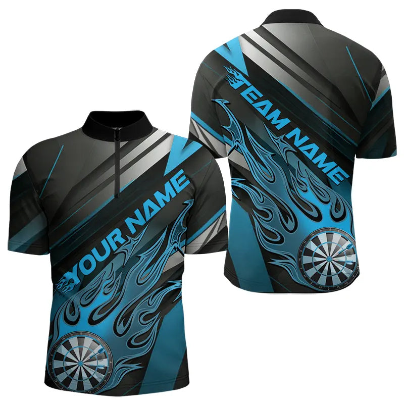 Custom Black And Blue Flame Dartboard Dart Team Quarter-Zip, Fire Dart