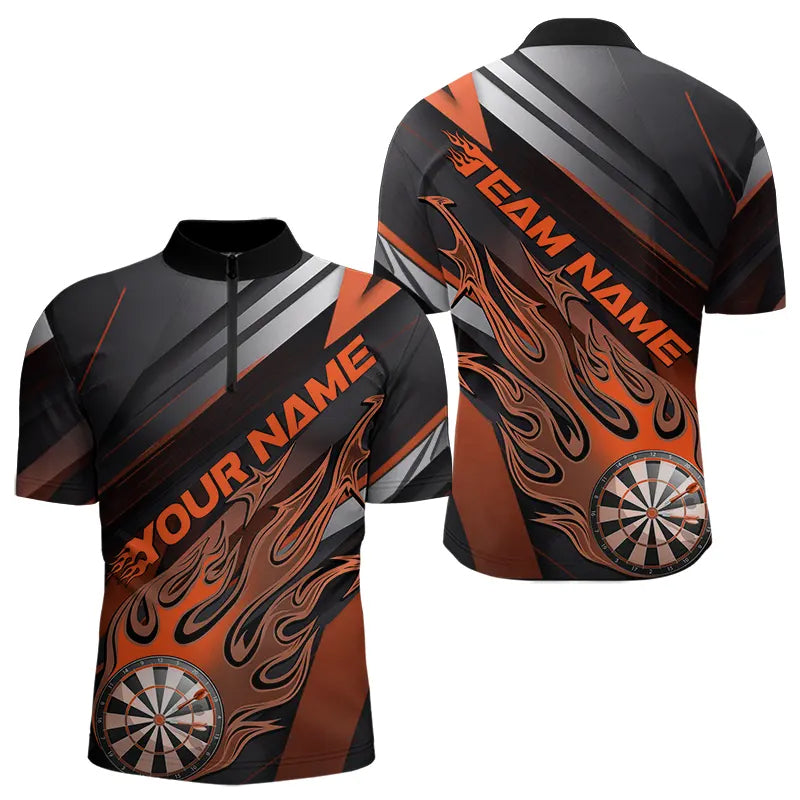 Custom Black And Orange Flame Dartboard Dart Team Quarter-Zip, Fire Dart