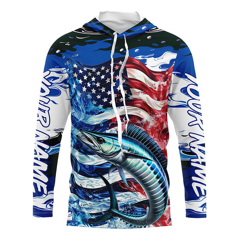 Wahoo Fishing Custom Long Sleeve Performance, American Flag Patriotic Wahoo Fishing
