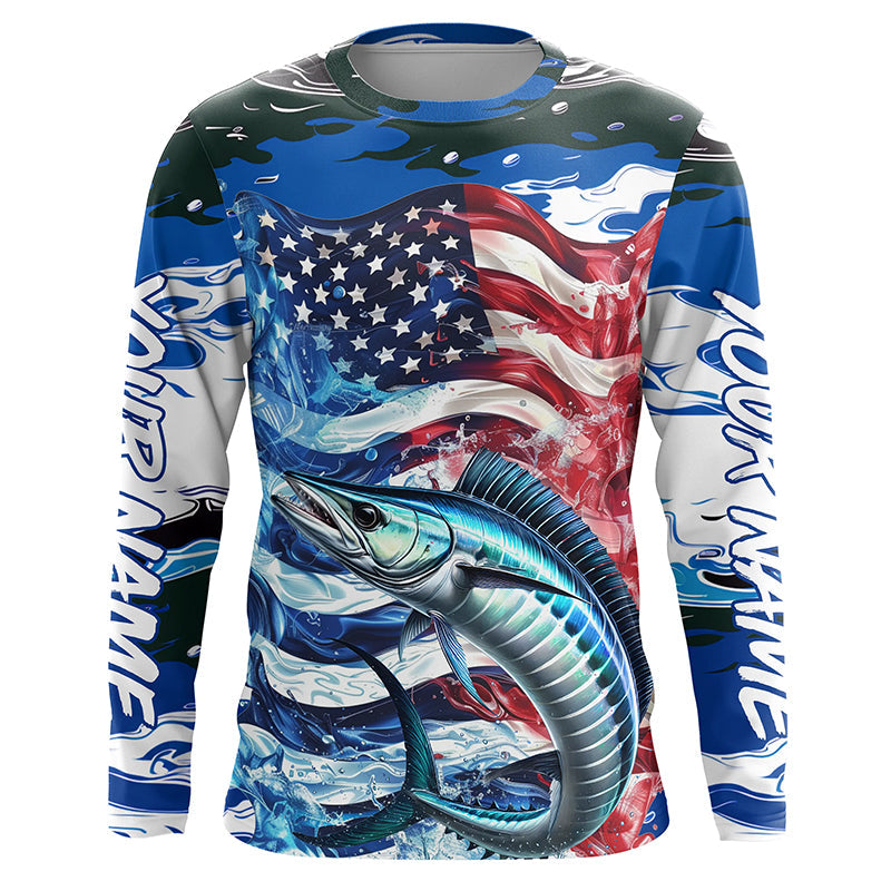 Wahoo Fishing Custom Long Sleeve Performance, American Flag Patriotic Wahoo Fishing