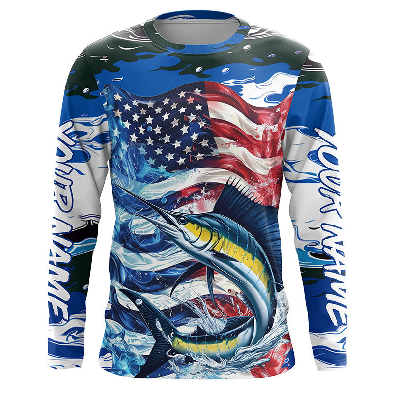Sailfish Fishing Custom Long Sleeve Fishing, American Flag Patriotic Sailfish Fishing