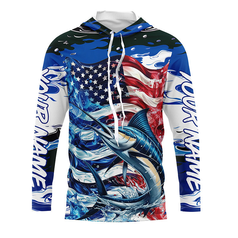Marlin Fishing Custom Long Sleeve Fishing, American Flag Patriotic Marlin Fishing