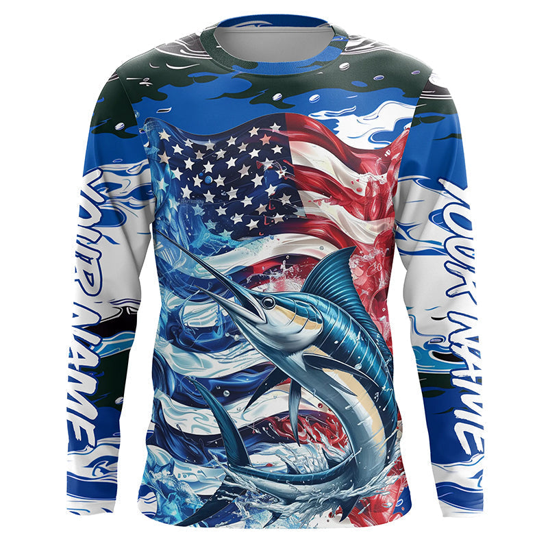 Marlin Fishing Custom Long Sleeve Fishing, American Flag Patriotic Marlin Fishing