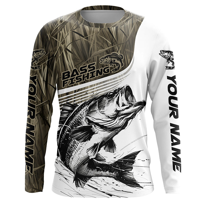 Personalized Largemouth Bass Fishing Camo Long Sleeve Fishing, Bass Fishing