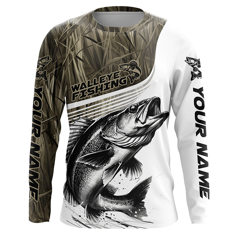 Personalized Walleye Fishing Camo Long Sleeve Fishing, Walleye Fishing