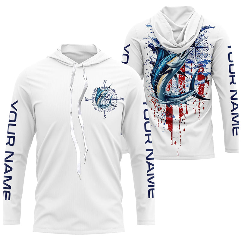 American Flag Marlin Fishing Custom Long Sleeve Fishing, Patriotic Saltwater Fishing