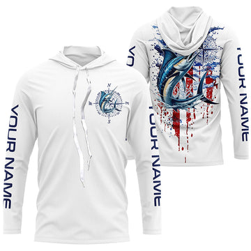 American Flag Marlin Fishing Custom Long Sleeve Fishing, Patriotic Saltwater Fishing