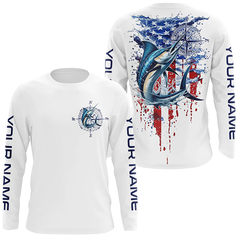 American Flag Marlin Fishing Custom Long Sleeve Fishing, Patriotic Saltwater Fishing