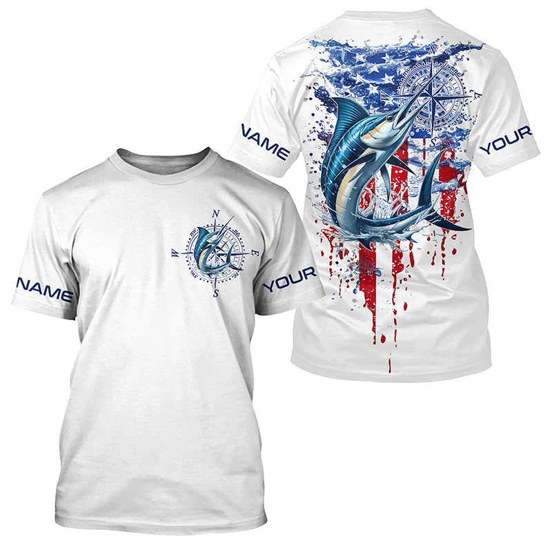 American Flag Marlin Fishing Custom Long Sleeve Fishing, Patriotic Saltwater Fishing