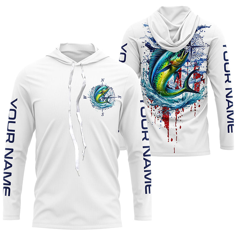 American Flag Mahi Mahi Fishing Custom Long Sleeve Fishing, Patriotic Saltwater Fishing