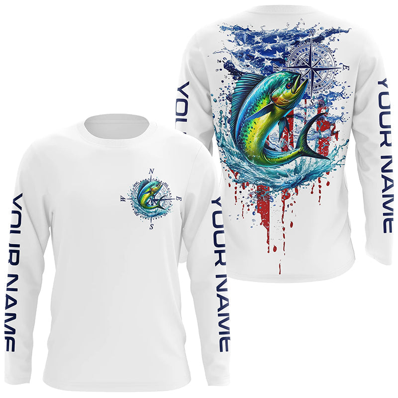 American Flag Mahi Mahi Fishing Custom Long Sleeve Fishing, Patriotic Saltwater Fishing
