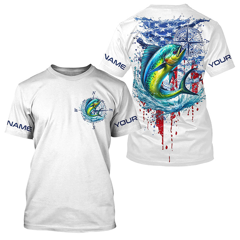American Flag Mahi Mahi Fishing Custom Long Sleeve Fishing, Patriotic Saltwater Fishing