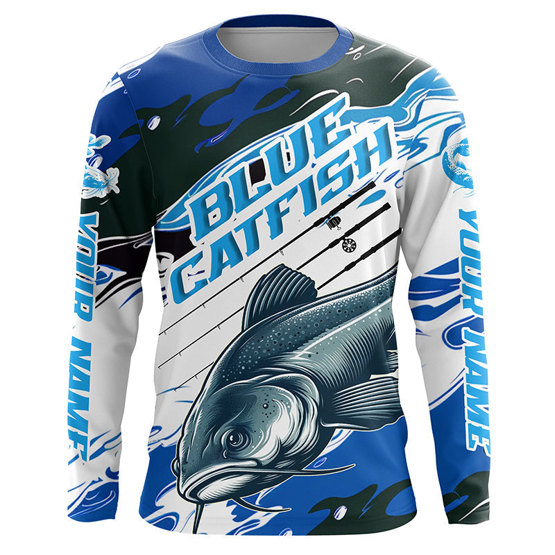 Custom Blue Catfish Fishing, Catfish Long Sleeve Tournament Fishing | Blue Camo