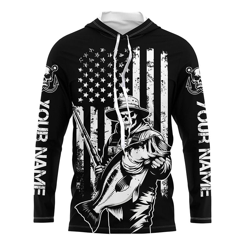 Black And White American Flag Bass Fisherman Custom Skull Fishing, Patriotic Fishing