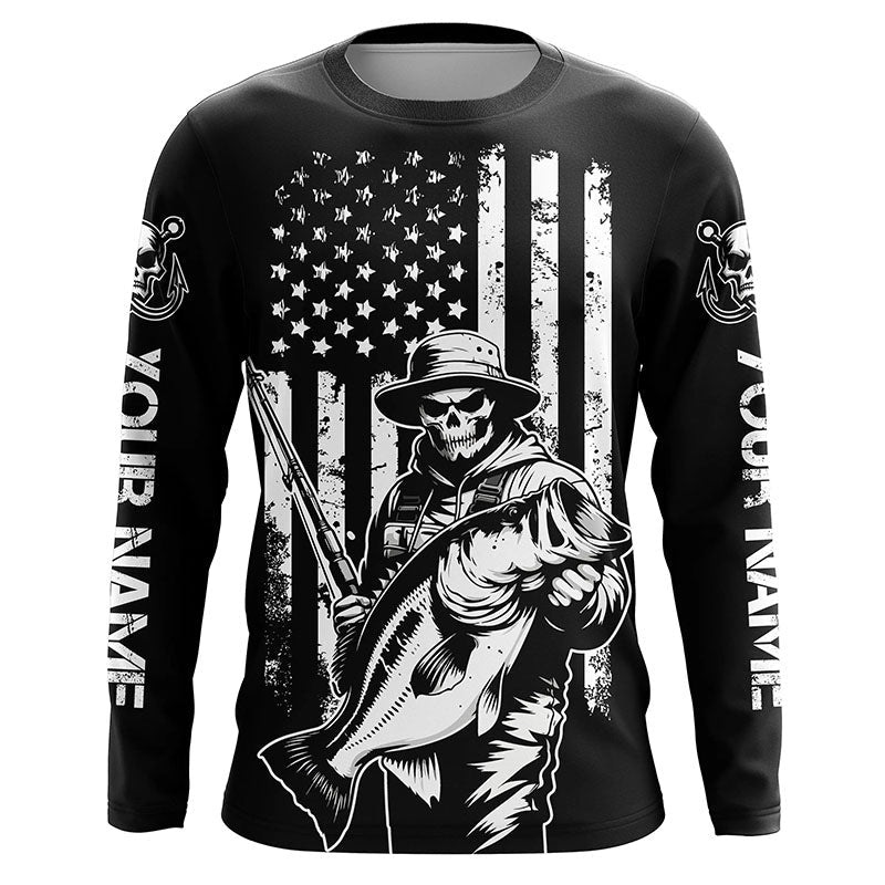 Black And White American Flag Bass Fisherman Custom Skull Fishing, Patriotic Fishing