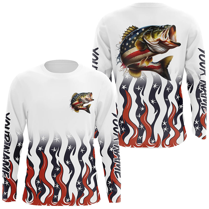 Personalized American Flag Bass Long Sleeve Fishing, Patriotic Bass Fishing Gifts