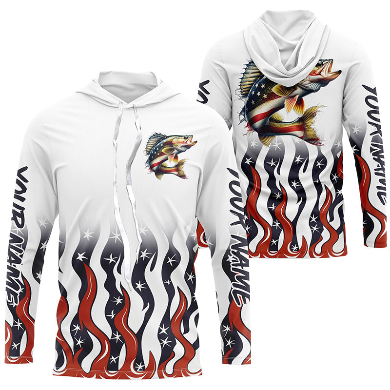 Personalized American Flag Walleye Long Sleeve Fishing, Patriotic Walleye Fishing Gifts