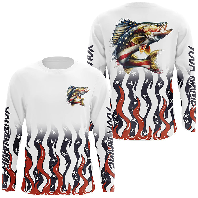 Personalized American Flag Walleye Long Sleeve Fishing, Patriotic Walleye Fishing Gifts