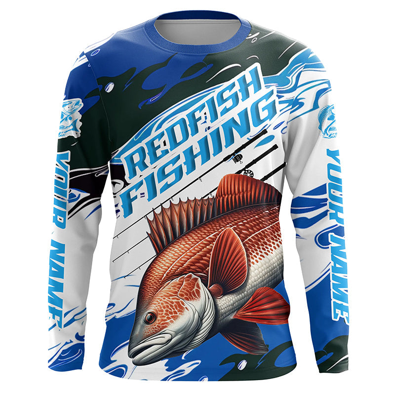 Custom Redfish Puppy Drum Long Sleeve Tournament Fishing, Redfish Fishing | Blue Camo