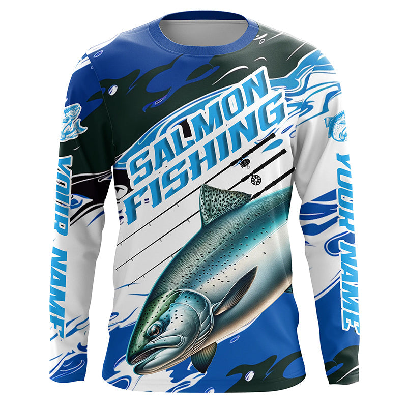 Custom Chinook Salmon Long Sleeve Tournament Fishing, King Salmon Fishing | Blue Camo