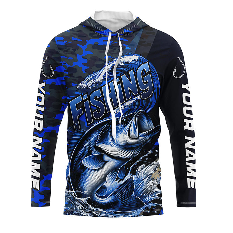 Custom Bass Long Sleeve Fishing, Personalized Bass Fishing | Blue Camo