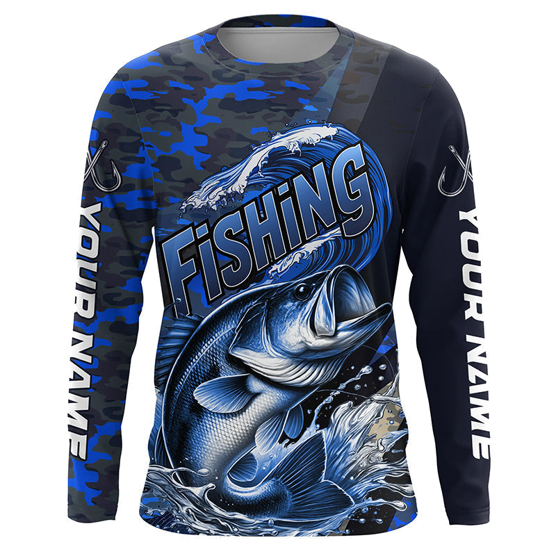 Custom Bass Long Sleeve Fishing, Personalized Bass Fishing | Blue Camo