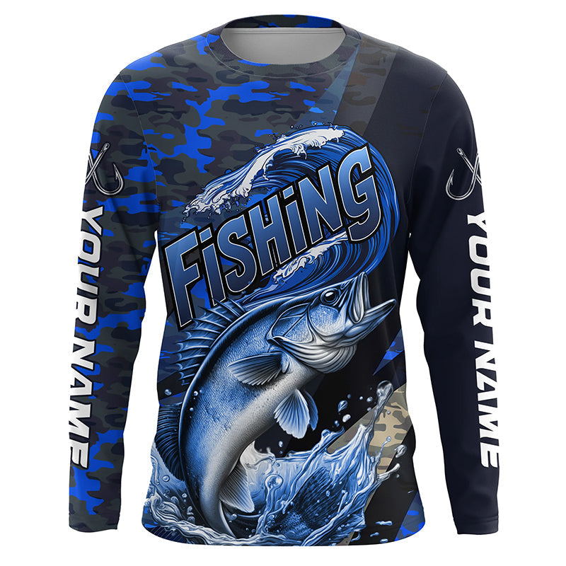Custom Walleye Long Sleeve Fishing, Personalized Walleye Fishing | Blue Camo