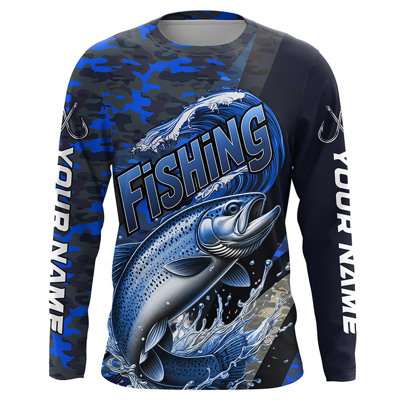 Custom Trout Long Sleeve Fishing, Personalized Trout Fishing | Blue Camo