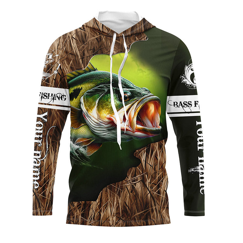 Custom Largemouth Bass Fishing Camo Long Sleeve Fishing, Bass Tournament Fishing