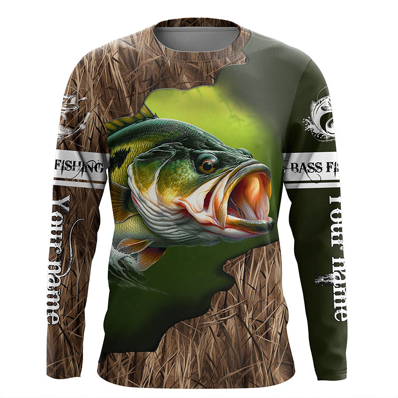 Custom Largemouth Bass Fishing Camo Long Sleeve Fishing, Bass Tournament Fishing
