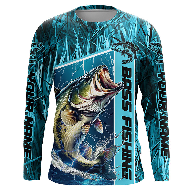 Custom Teal Blue Camo Bass Long Sleeve Tournament Fishing, Bass Fishing