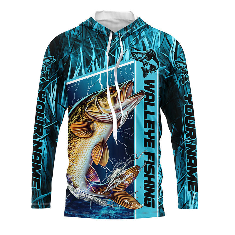 Custom Teal Blue Camo Walleye Long Sleeve Tournament Fishing, Walleye Fishing