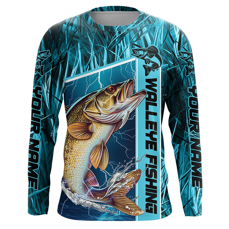 Custom Teal Blue Camo Walleye Long Sleeve Tournament Fishing, Walleye Fishing