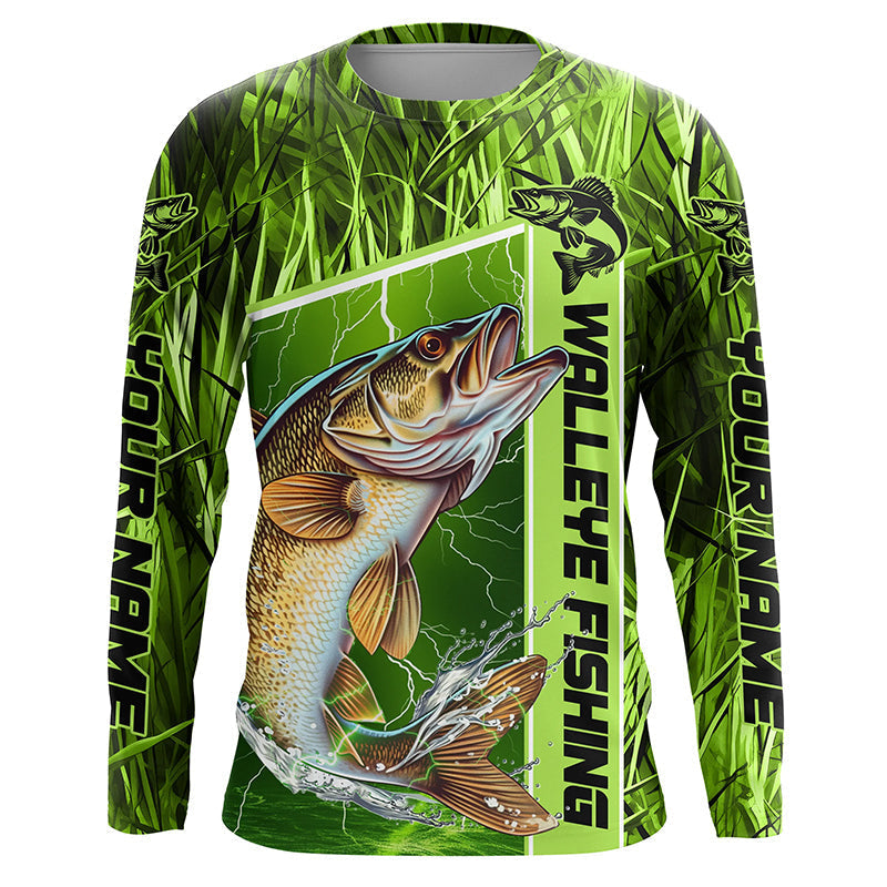 Custom Green Camo Walleye Long Sleeve Tournament Fishing, Walleye Fishing