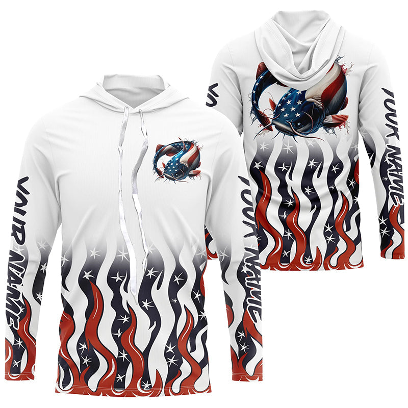 Personalized American Flag Catfish Long Sleeve Fishing, Patriotic Catfish Fishing Gifts
