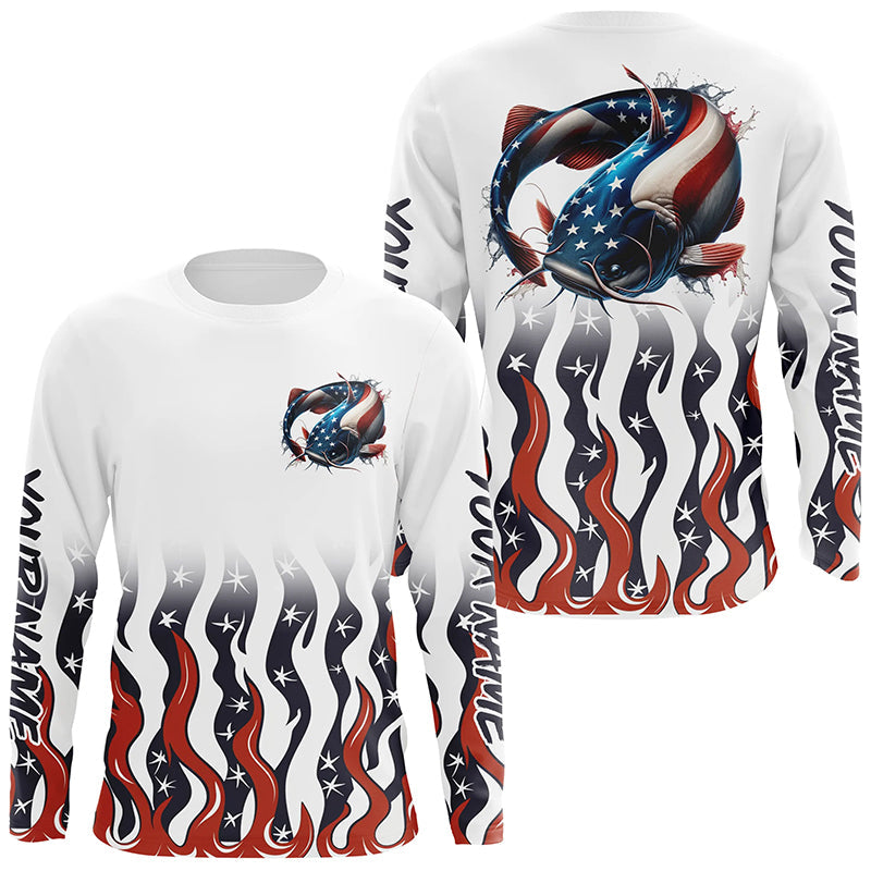 Personalized American Flag Catfish Long Sleeve Fishing, Patriotic Catfish Fishing Gifts