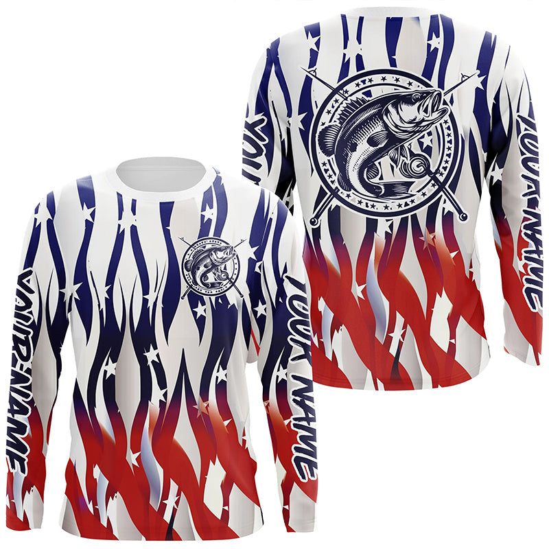 Flaming American Flag Custom Bass Long Sleeve Fishing, Patriotic Bass Fishing