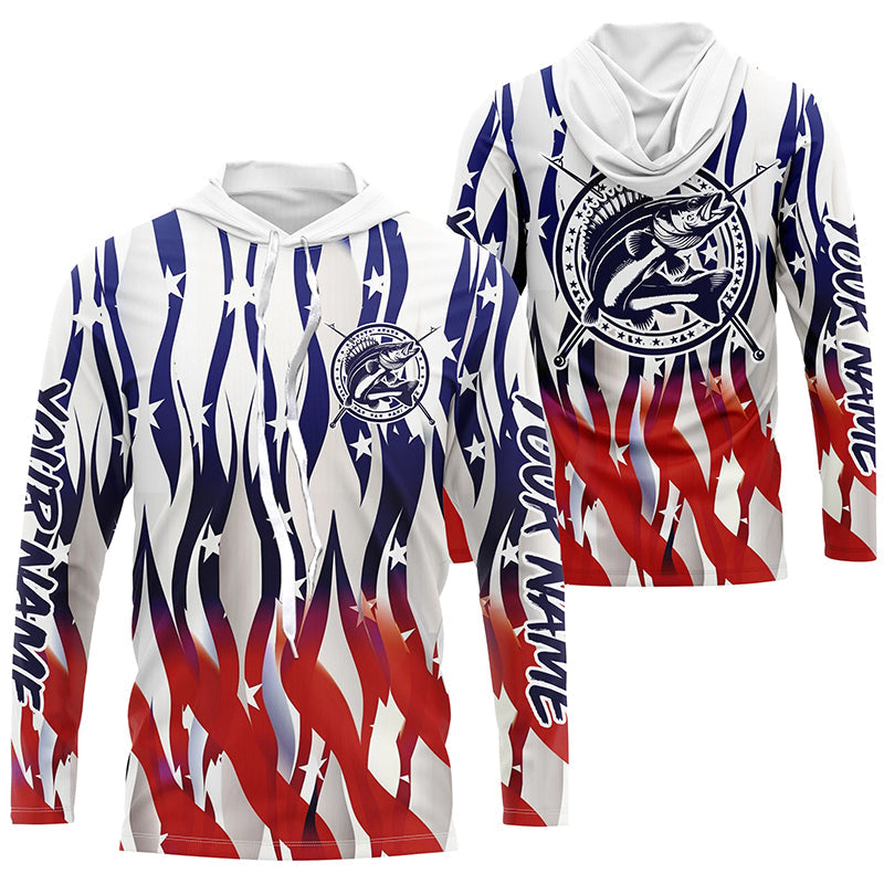 Flaming American Flag Custom Walleye Long Sleeve Fishing, Patriotic Walleye Fishing