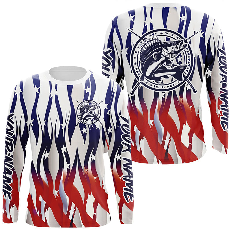 Flaming American Flag Custom Walleye Long Sleeve Fishing, Patriotic Walleye Fishing