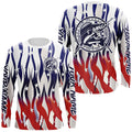 Flaming American Flag Custom Walleye Long Sleeve Fishing, Patriotic Walleye Fishing