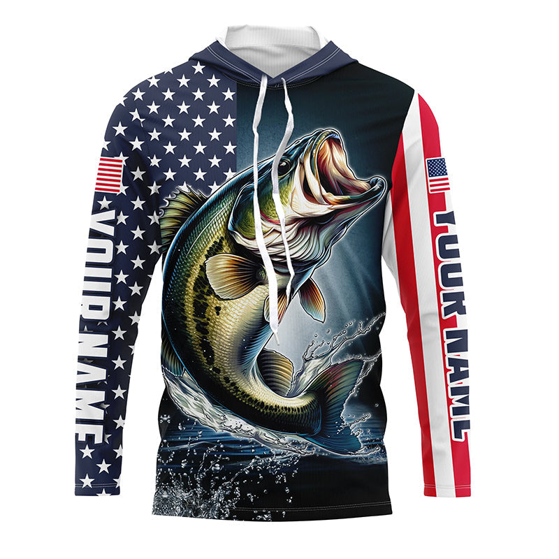 Personalized American Flag Bass Long Sleeve Fishing, Patriotic Bass Fishing
