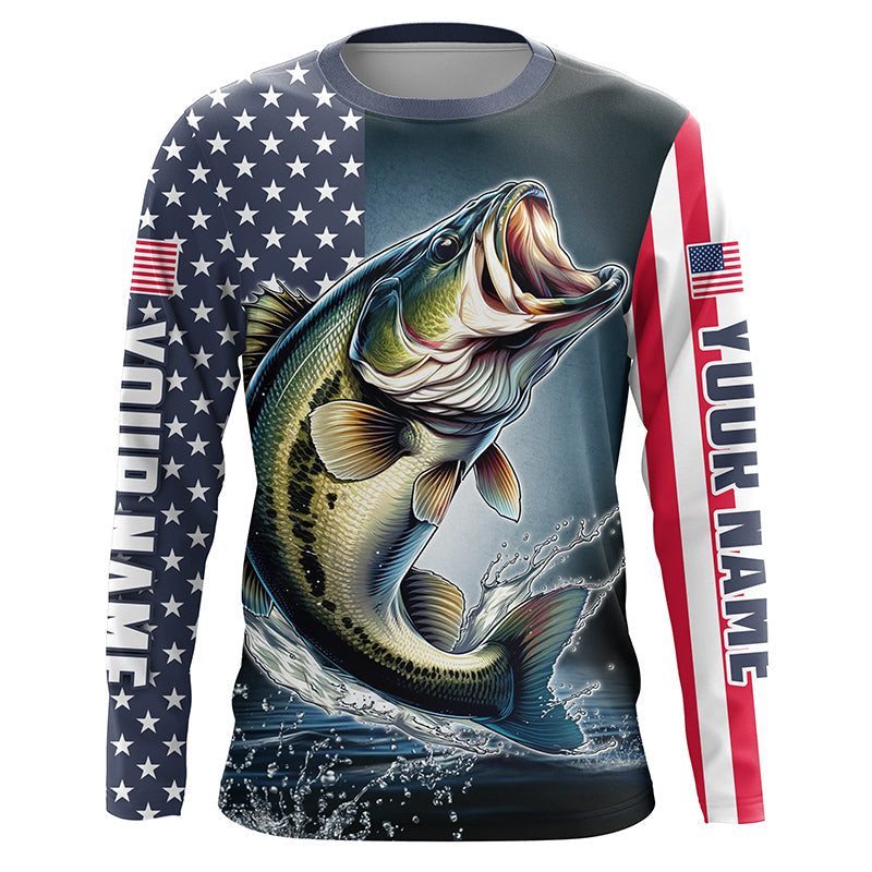 Personalized American Flag Bass Long Sleeve Fishing, Patriotic Bass Fishing