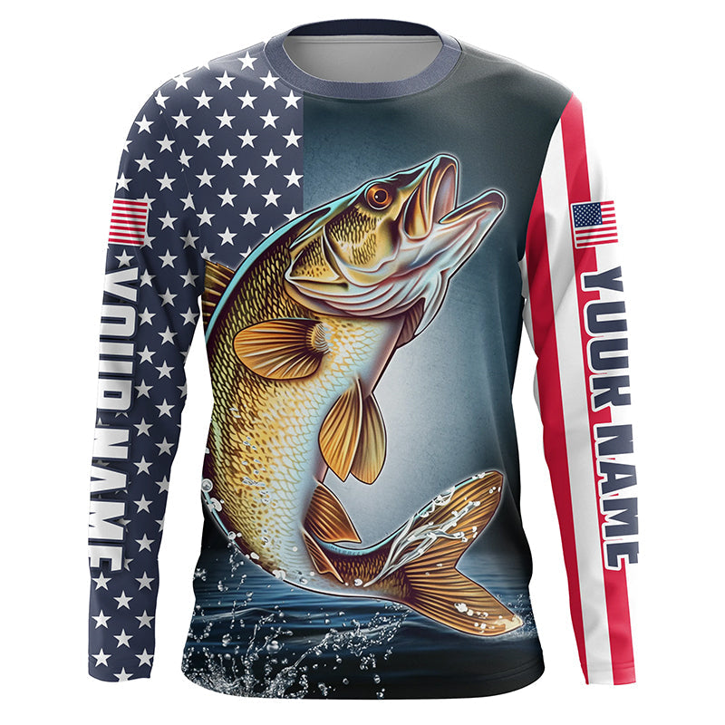 Personalized American Flag Walleye Long Sleeve Fishing, Patriotic Walleye Fishing