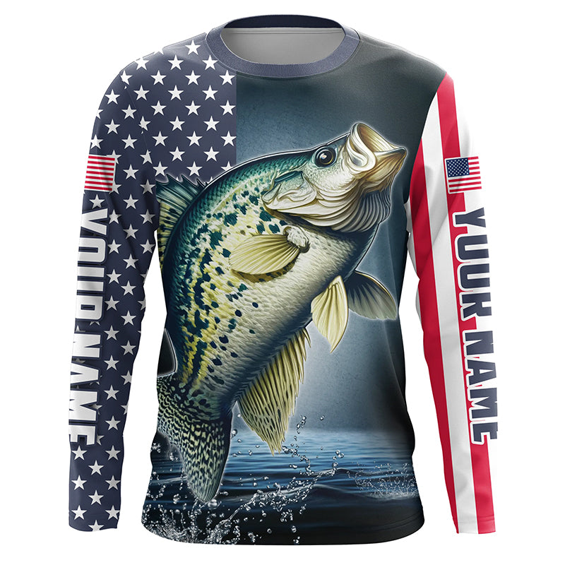 Personalized American Flag Crappie Long Sleeve Fishing, Patriotic Crappie Fishing