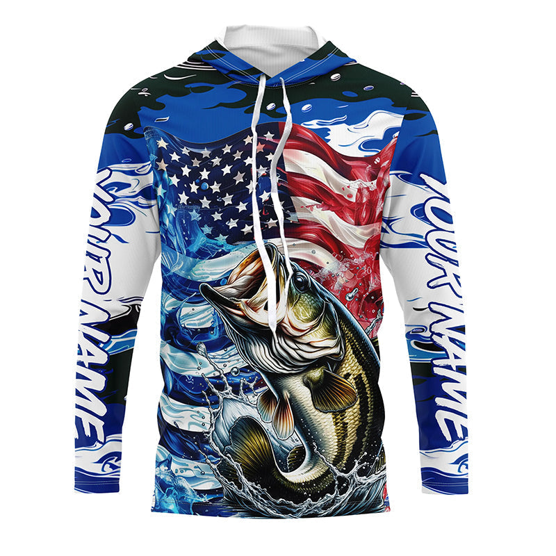 Custom American Flag Bass Long Sleeve Fishing, Patriotic Blue Camo Bass Fishing