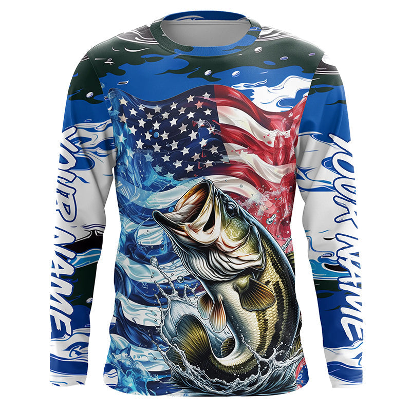 Custom American Flag Bass Long Sleeve Fishing, Patriotic Blue Camo Bass Fishing