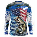 Custom American Flag Bass Long Sleeve Fishing, Patriotic Blue Camo Bass Fishing